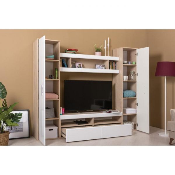 Тумба под ТВ Альба 3 03.286, 1396х402х432, Дуб эндгрейн элег./Белый глянец