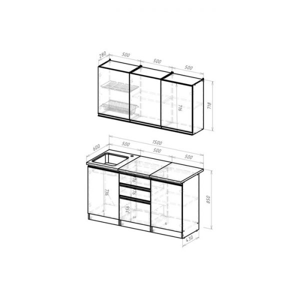 Кухонный гарнитур Сиена нормал 1500х600 Белый/Сосна/Дуб грей, бетон темный
