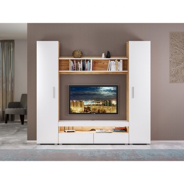 Полка навесная Альба, 1300х217х336, Белый премиум/Дуб крафт золотой