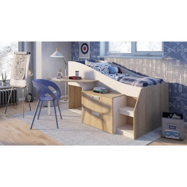 Кровать Скаут 800*1900  с рабочим местом  дуб сонома/ белый