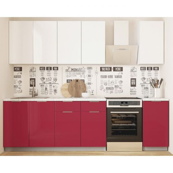 Кухонный гарнитур Бостон 2000х600 белый/белый/красный глянец