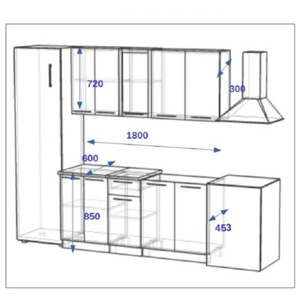 Кухонный гарнитур Волна 1, 1800х600 мм, Белый металлик/Бирюза