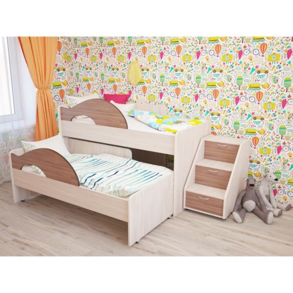 Кровать двухъярусная выкатная Матрешка 800х1600 с лестницей Ясень шимо светлый/темный