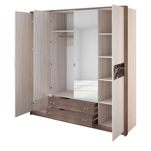 Шкаф 4-х дверный «Николь», 2060 ? 592 ? 2117 мм, зеркало, цвет ясень шимо светлый / тёмный