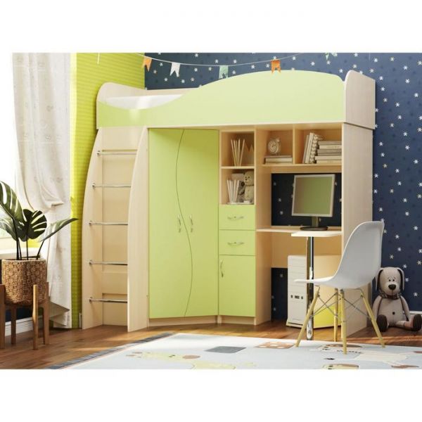 Двухъярусная кровать «Омега 9», 800 ? 1900 мм, ЛДСП / МДФ, млечный дуб / салатовая шагрень