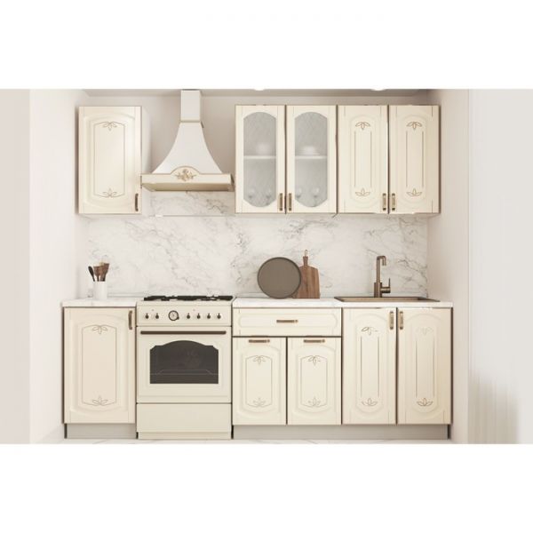 Кухонный гарнитур Бергамо 1600х600 белый/крем патина платина