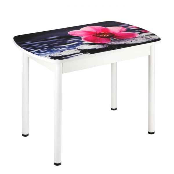 Стол раздвижной с ФП  Орхидея на камне 1100/1500х700х777 стекло/пояс белый/Прям. бел ноги