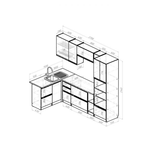 Кухонный угловой гарнитур Равенна мега прайм 2700х1500 Венге/Алмабра темная/Дуб браун