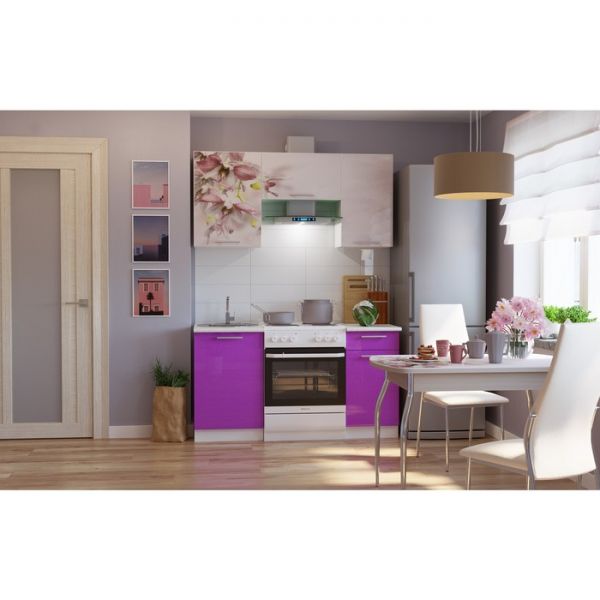 Кухонный гарнитур ЭКО 1500 мм, столешница под мойку 500 мм, цвет эко-2 цветы/сиреневый