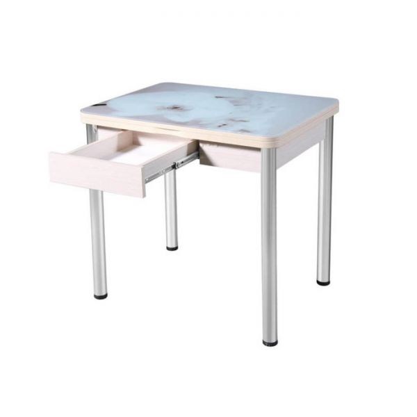 Обеденный стол "Ника", поворотно-раскладной с ящиком, стекло, подстолье беленый дуб, R045