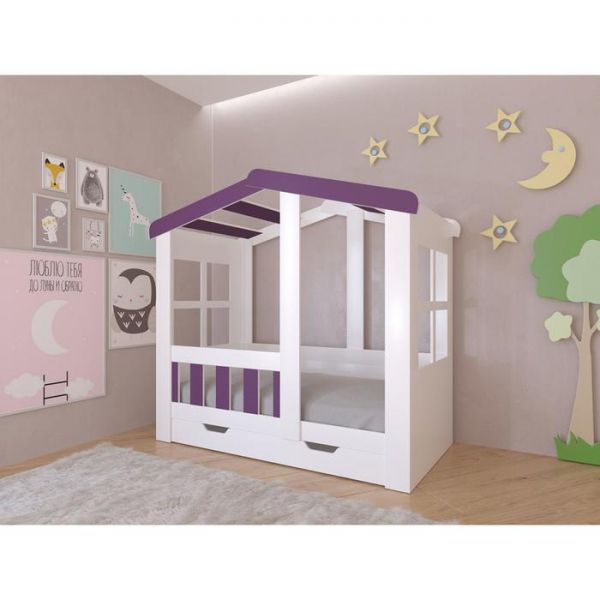 Детская кровать-чердак «Астра домик», с ящиком, цвет белый / фиолетовый