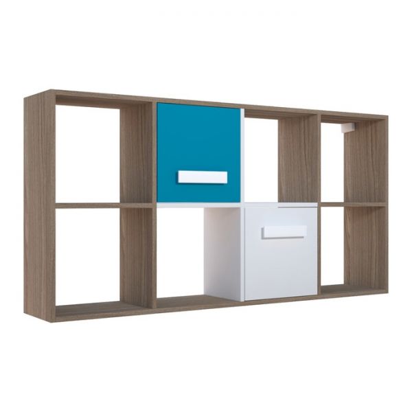 Стеллаж навесной с дверками Юниор 1400х250х709 Ясень шимо темный/Белая Аляска/Индиго