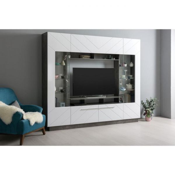 Гостиная Орлеан 15.95, ниша 1332х860, 2350х381х2003, Камень темный/Белый глянец МДФ