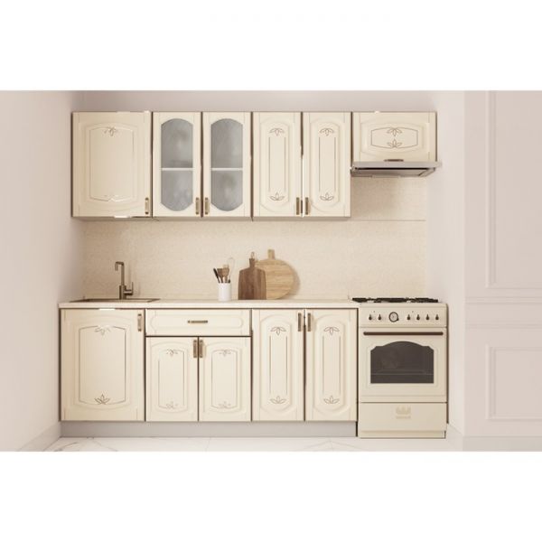 Кухонный гарнитур Бергамо 2200х600 белый/крем патина платина