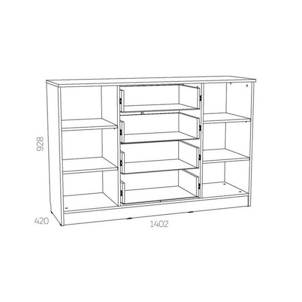 Комод Оливия НМ 040.35 Х, 1402х420х928, Белое дерево/Дуб Сонома