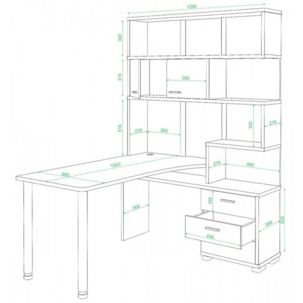 Стол СР-420/150, угол левый, 1500 ? 1300 ? 1990 мм, цвет белый жемчуг