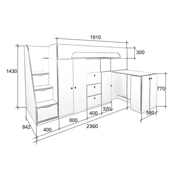 Детская кровать-чердак «Астра 11», цвет дуб молочный / розовый
