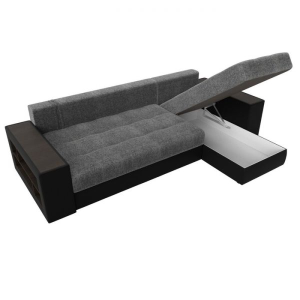 Угловой диван «Дубай», еврокнижка, правый угол, цвет серая рогожка / чёрная экокожа