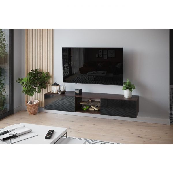 Тумба под ТВ подвесная №2, 1800х420х300, Венге ЛДСП/Черное стекло