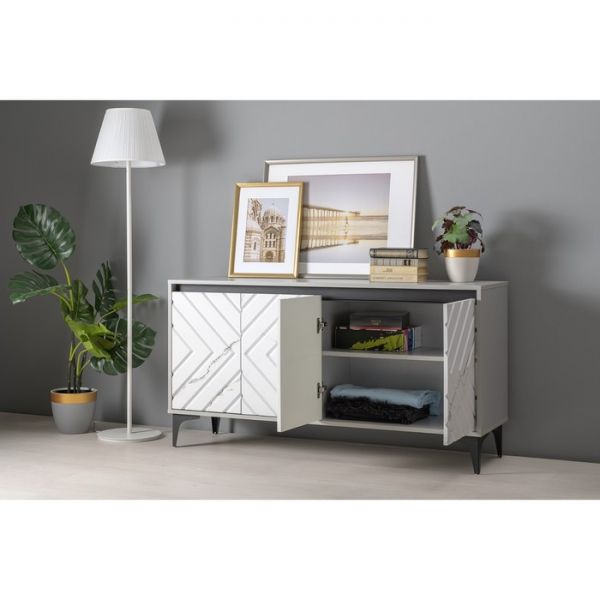 Тумба под ТВ Муар 13.261.02, 1368х400х718, Стальной серый/ Мрамор белый софт