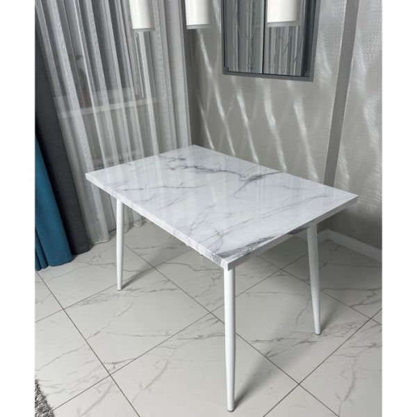 Обеденный стол «Конус 2», 1100(1500) ? 700 мм, опора редуцированная белая, белый мрамор