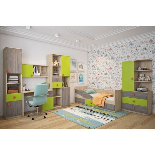 Шкаф-стеллаж «Пуговка», 804 ? 425 ? 1732 мм, правый, дуб сонома / вяз либерти тёмный /лайм