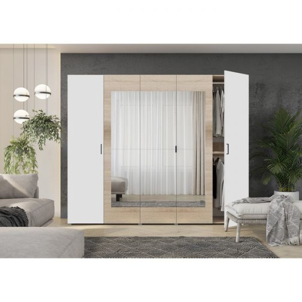 Шкаф 5-ти дверный с зеркалами Горизонт, 2500х570х2072, Дуб сонома/Белый