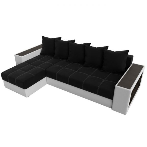 Угловой диван «Дубай», еврокнижка, правый угол, цвет чёрный микровельвет / белая экокожа