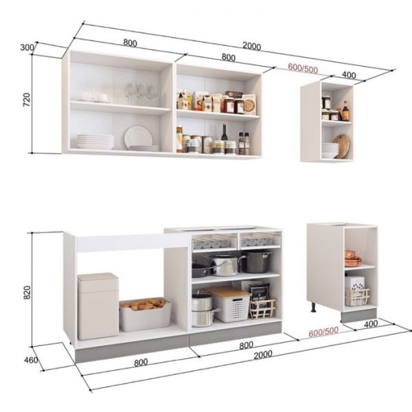 Кухонный гарнитур Бостон 2000х600 белый/белый/красный глянец