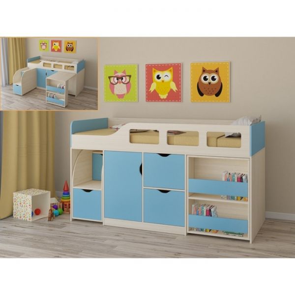 Детская кровать-чердак «Астра 8», цвет дуб молочный/голубой