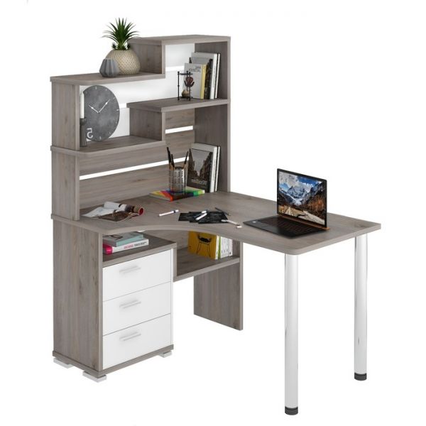 Стол СР-132, угол левый с надстройкой, 1300 ? 1010 ? 1640 мм, цвет белый жемчуг