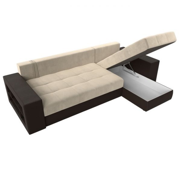 Угловой диван «Дубай», механизм еврокнижка, цвет бежевый микровельвет / коричневая экокожа