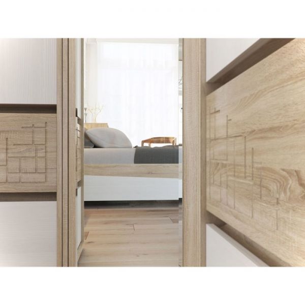 Шкаф 4-х дверный с ящиками МАЛЬТА Дуб сонома/Рамух белый/МДФ-дуб сонома