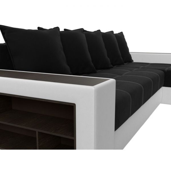 Угловой диван «Дубай», еврокнижка, правый угол, цвет чёрный микровельвет / белая экокожа