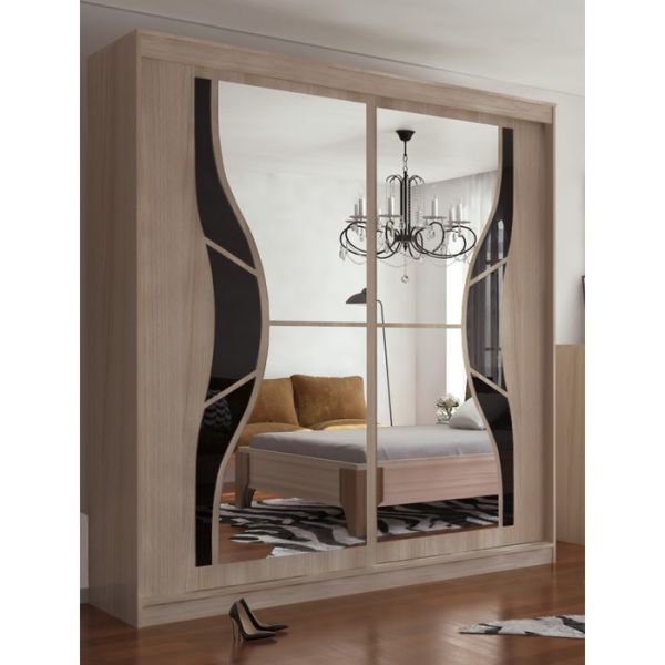 Шкаф многоцелевого назначения Оскар-11-2 2200х1840х604 Ясень Шимо светлый Черное стекло