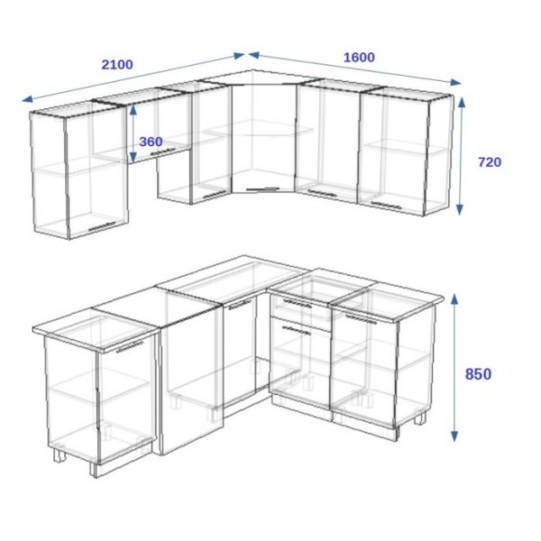 Кухонный гарнитур угловой Волна 15, 2100х1600 мм, Ваниль глянец/Капучино