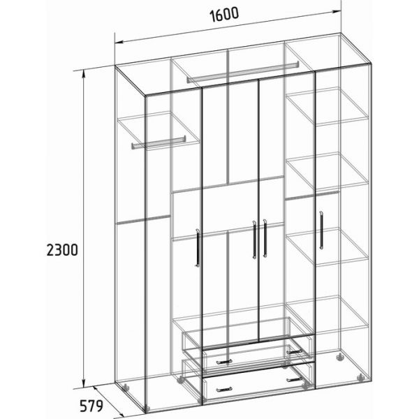 Шкаф для одежды и белья «Монако 555», 1600 ? 579 ? 2300 мм, ясень анкор светлый