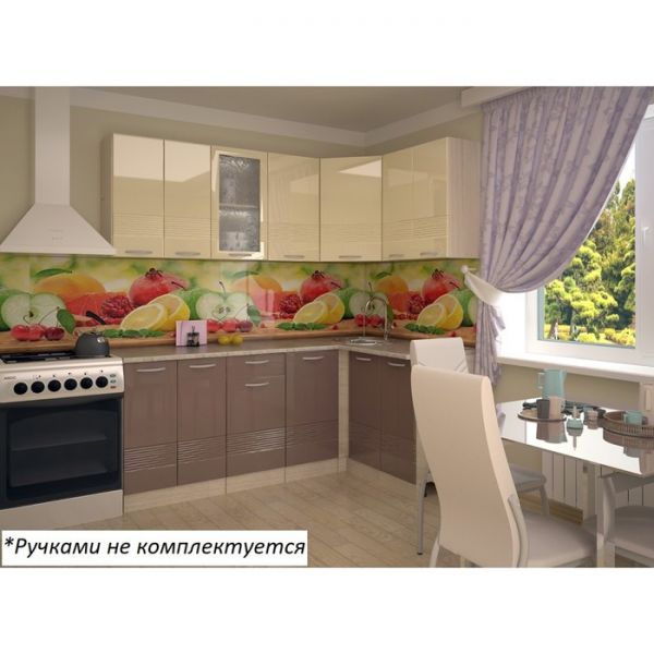 Кухонный гарнитур угловой Волна 14, 200х1400 мм, Ваниль глянец/Капучино