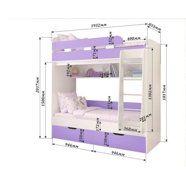 Детская двухъярусная кровать Юниор-5 белое дерево/ирис