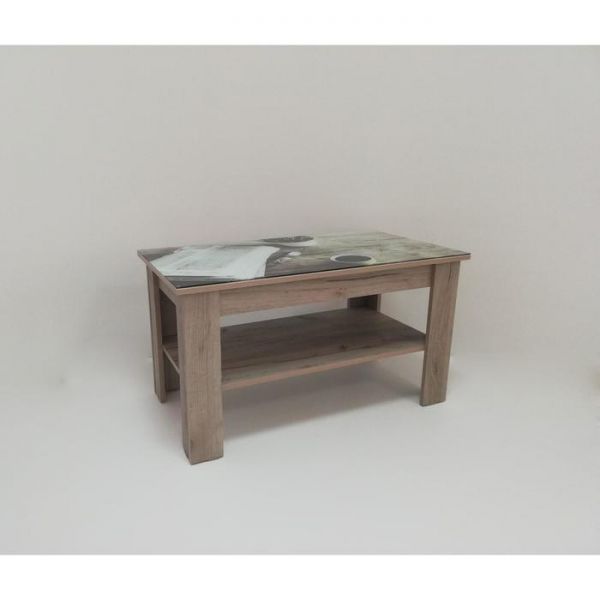 Стол журнальный «Бостон мини», 900 ? 500 ? 500 , стекло, цвет винтажные газеты / дуб серый