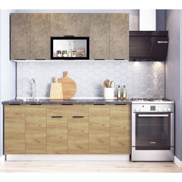 Кухонный гарнитур Стоун 1800х600 белый/камень темно-серый/акация светлая