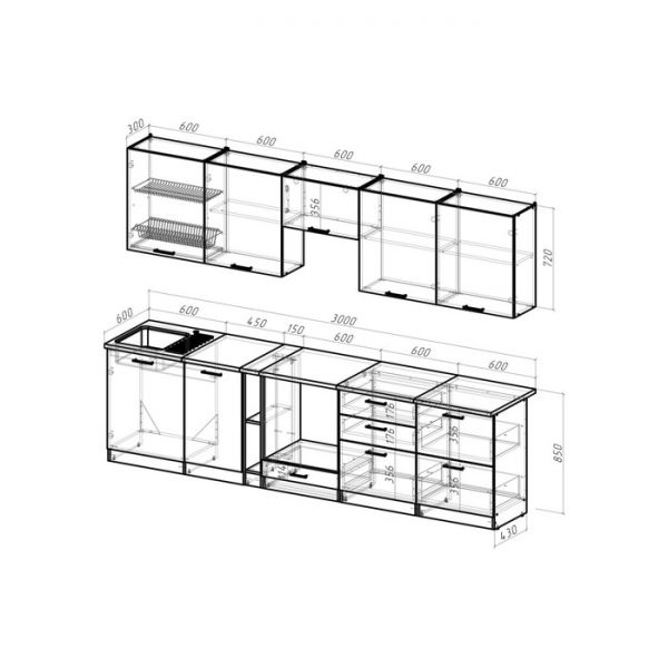 Кухонный гарнитур Яшма Экстра 3000х600 венге/аламбра темная/ясень шимо светлый/шимо темный