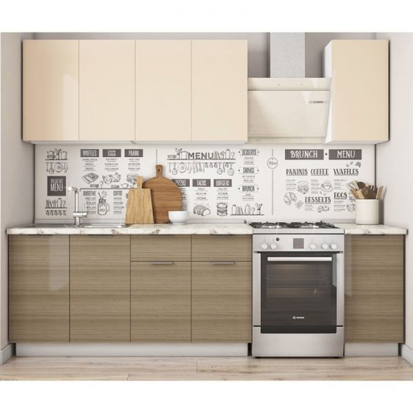 Кухонный гарнитур Бостон 2000х600 белый/крем глянец/дуб скальный глянец