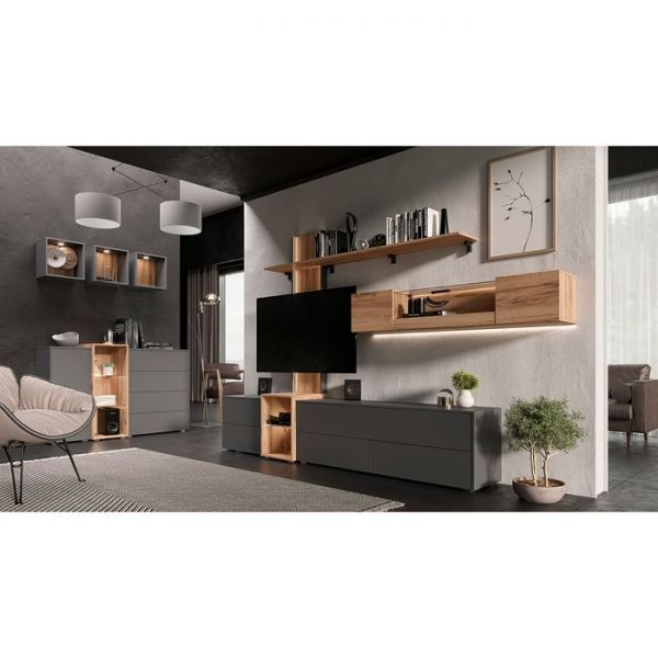 Тумба под ТВ Сплит, 2650х454х2114, Дуб крафт/Графит