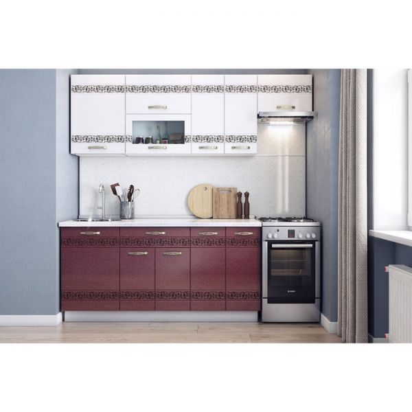Кухонный гарнитур Мечта 2200х600 белый/белый металлик/гранат металлик