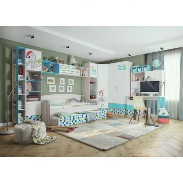 Секция угловая с полками "Джимми", ясень светлый/топаз/белый, фотопечать