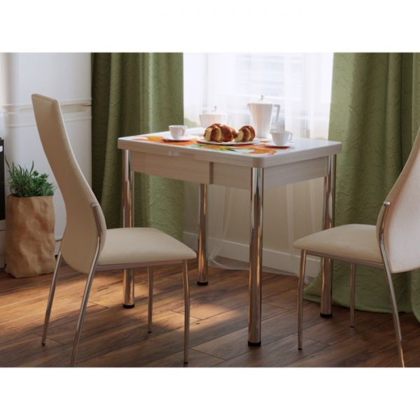 Обеденный стол "Ника", поворотно-раскладной с ящиком, стекло, подстолье беленый дуб, R045