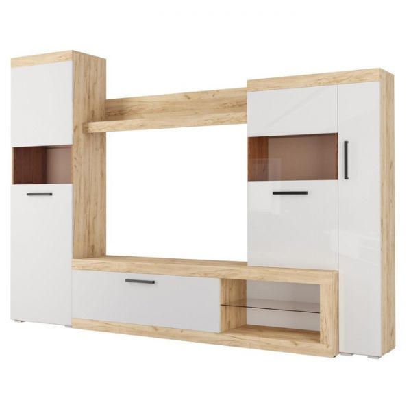 Гостиная БАСТОН 2805х2000х400 Дуб вотан/Белый глянец