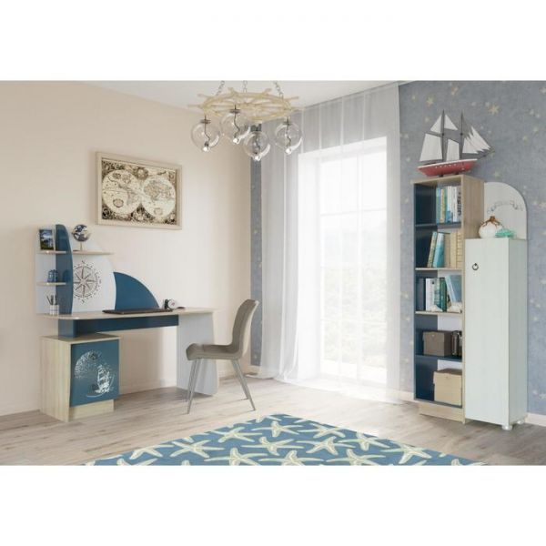 Шкаф пенал Бриз 700х360х1720 Дуб ривьера/Рамух белый/Синий Бриз