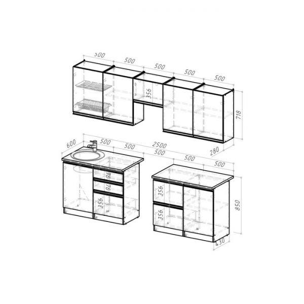 Кухонный гарнитур Паола мега 2500х600 Белый/Кантри/Дуб грей, Дуб браун